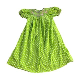 Mom & Me Smocked Dress Girls Size 5 Lime Green Polka Dot Flamingo Embroidery